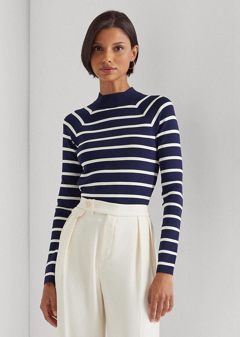 Sweater Lauren Damska Granatowe W Paski Mockneck Jumper 648039-GQI